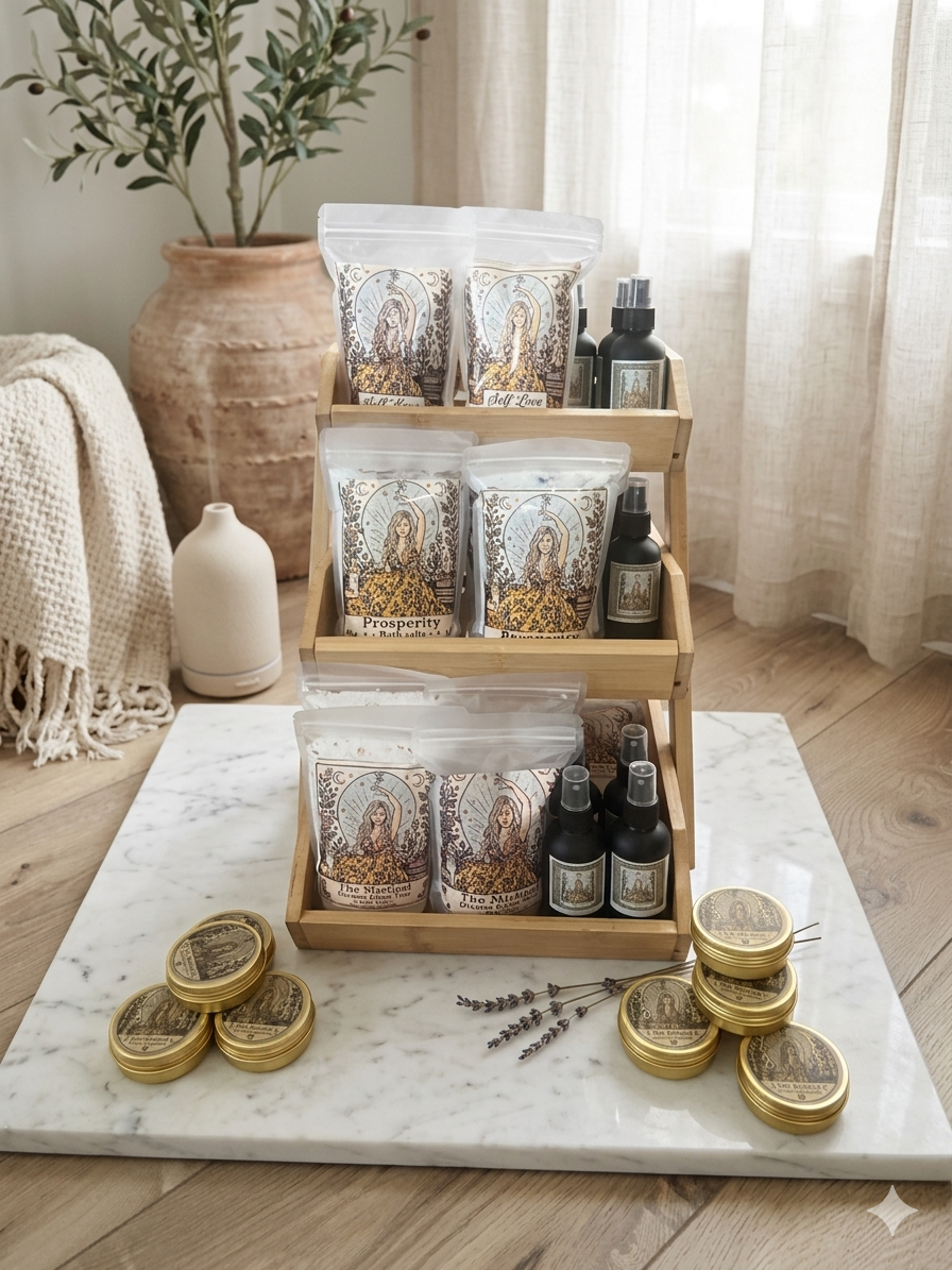 Mistical Design collection display with bath salts, sprays, and candles